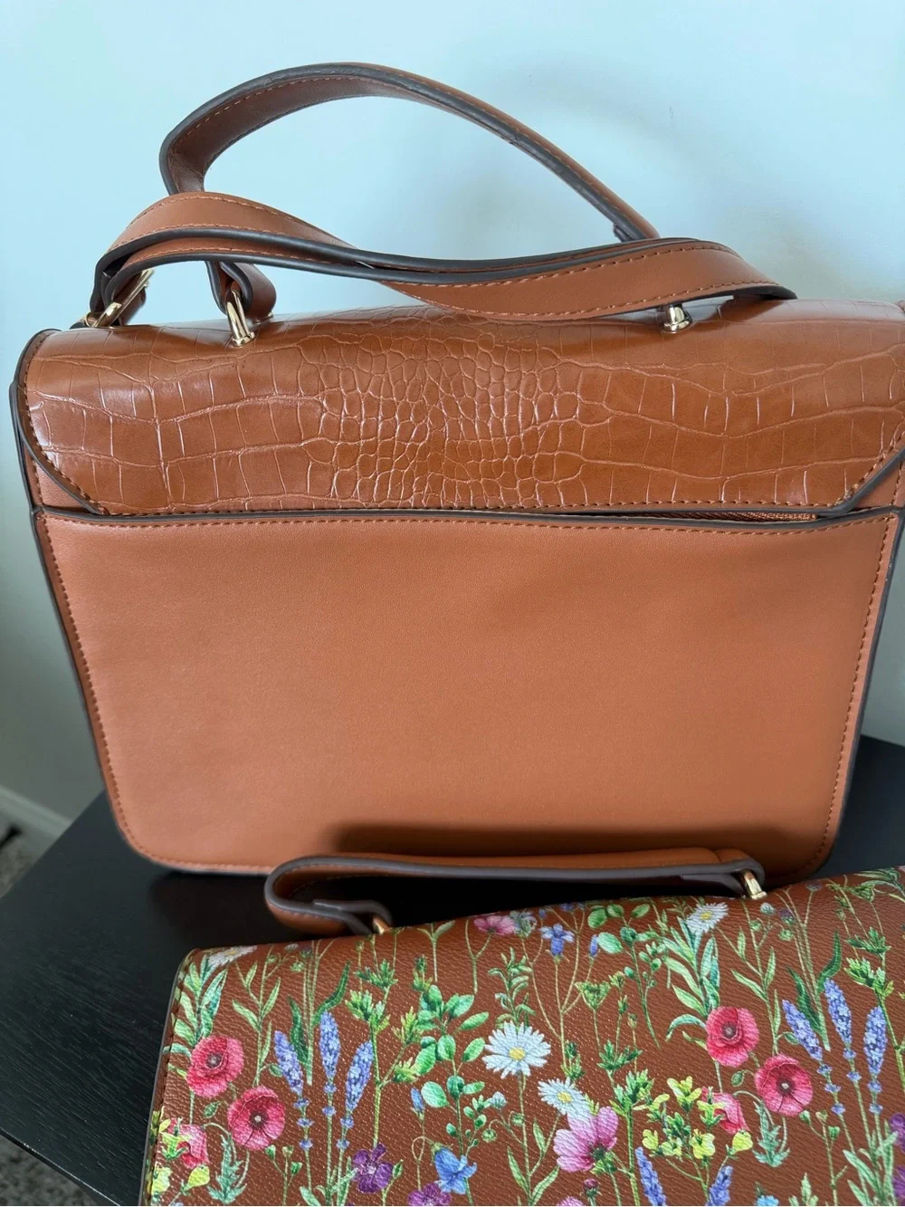 IMAN Convertible Satchel Handbag Crossbody - Brown Croc and Wildflower Flaps